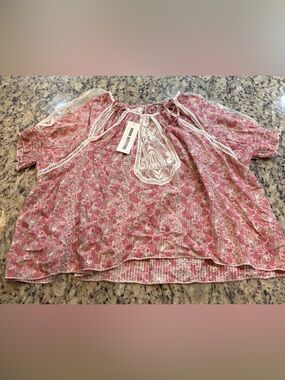 Urban Outfitters Pink Floral Lace Peasant Top